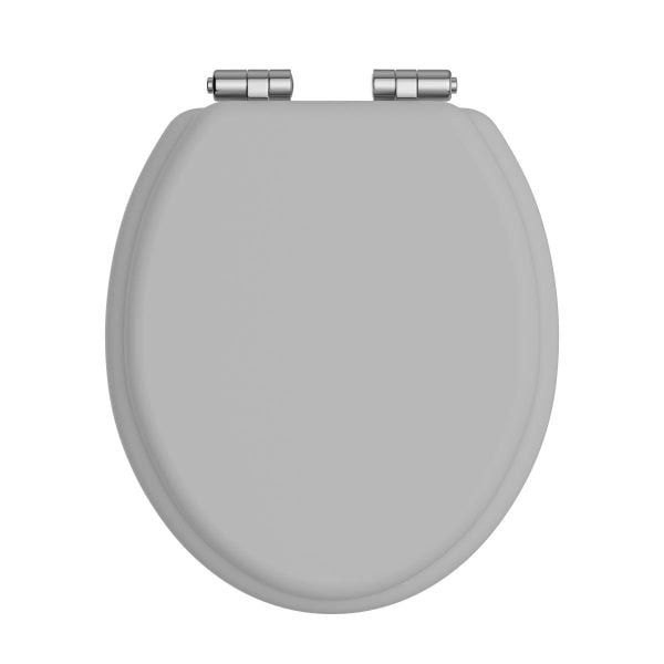 Heritage TSDGR101SSC Dove Grey wood toilet seat with chrome soft close hinges
