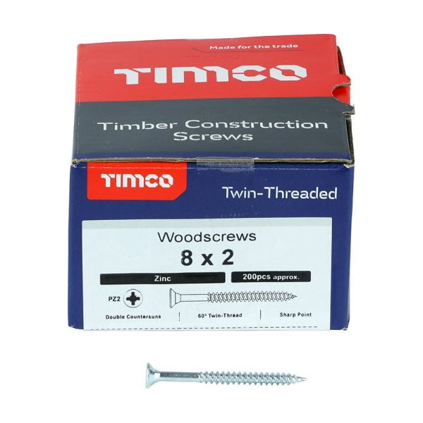 Timco 00082CWZ 8 x 2" twin-thread pozi CSK woodscrews