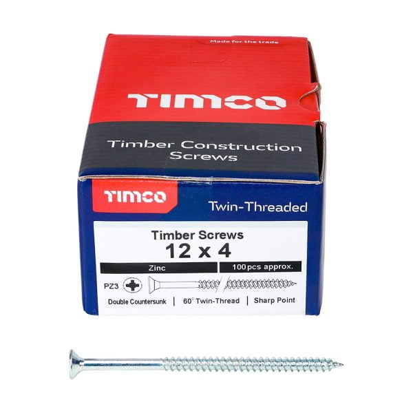 Timco 00124CWZ Posi Drive CSK Steel Woodscrew ZP 12x4"