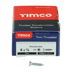 Timco 00634CWZ PZ2 CSK BZP Woodscrews 6x3/4" box of 200