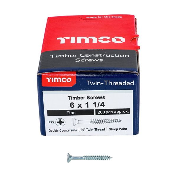 Timco 06114CWZ PZ2 CSK BZP Twin-Thread Woodscrews 6 x 1 1/4" Box of 200