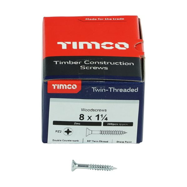 Timco 08114CWZ Posi Drive CSK Steel Woodscrew ZP 8x1 1/4" box of 200