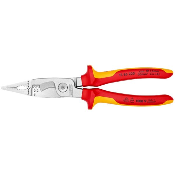 Knipex 13 86SB Pliers For Electrical Installation Insulated With Multi-Component Grips, VDE-Tested Chrome-Plated Flat Jaws 200mm Ø 15mm / 50mm²